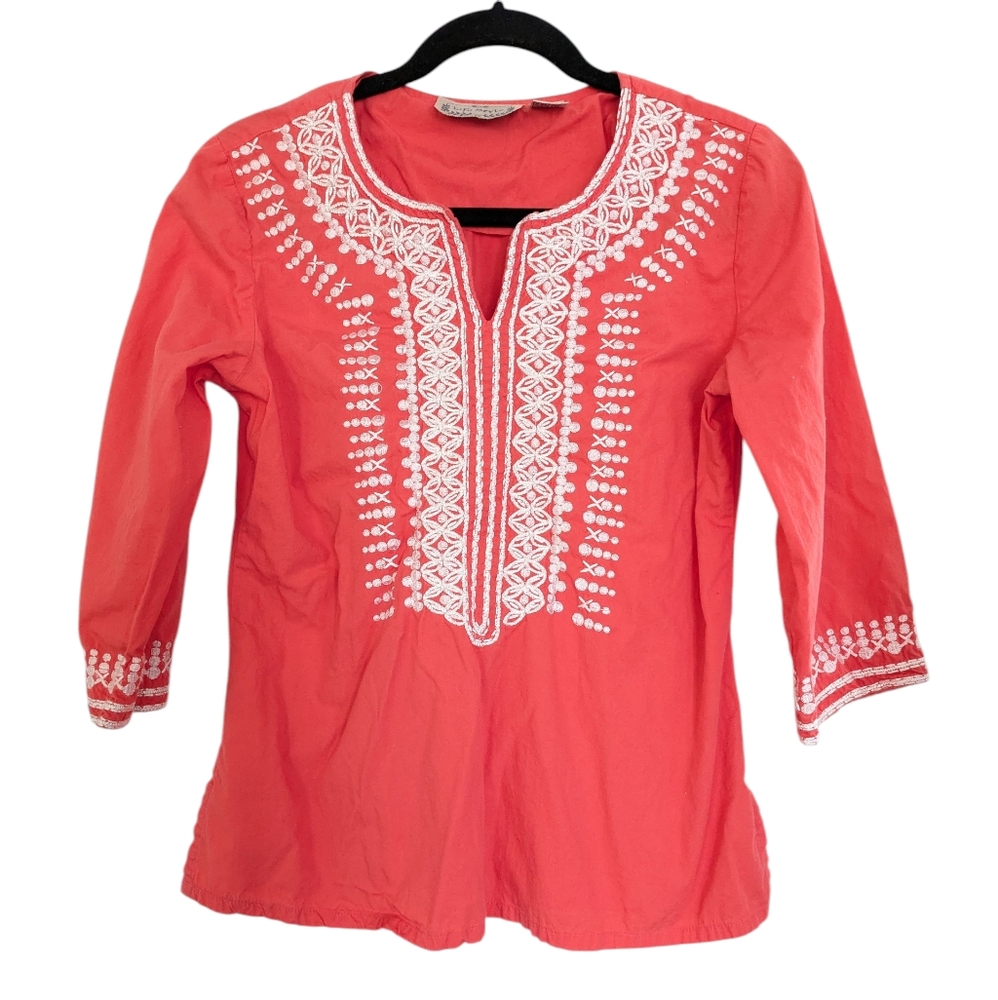 Lifestyle Top Womens Small Coral Embroidered Floral Boho‎ Woven Artsy Tunic